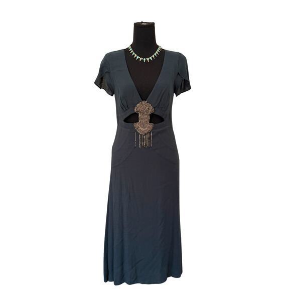 Free People Dresses & Skirts - Free People Teal Beaded Cutout Midi Dress Size 4 Boho Empire Waist Festival
